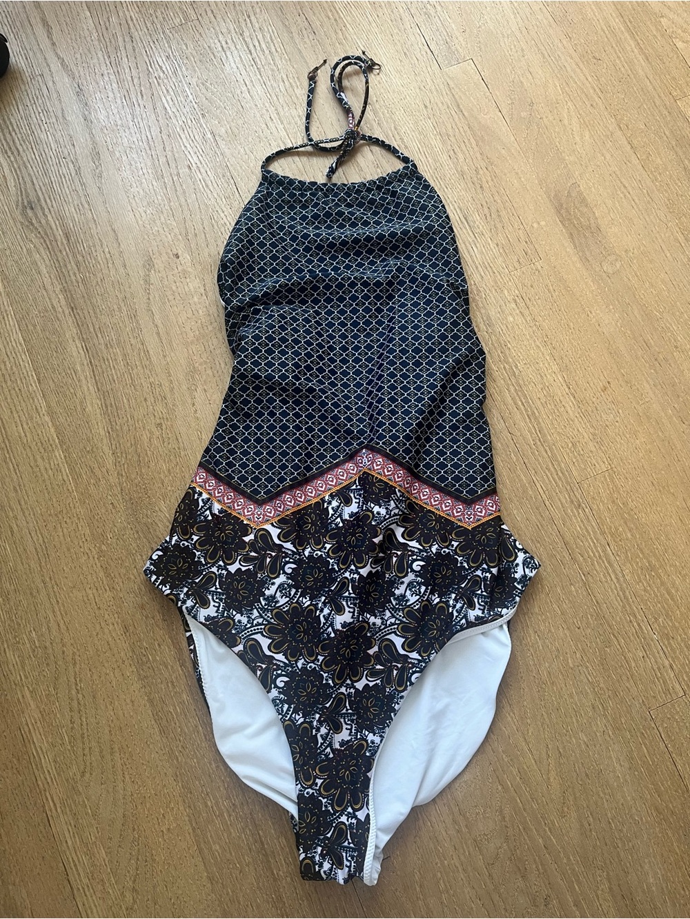 Simons Black Patterned Halter One-Piece Swimsuit